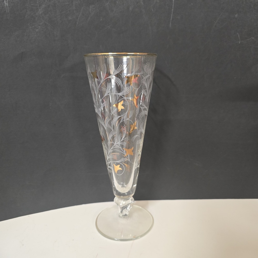 Libbey Royal Fern Gold Leaf & White Pilsner Beer Lager Cocktail Glass Flute VTG